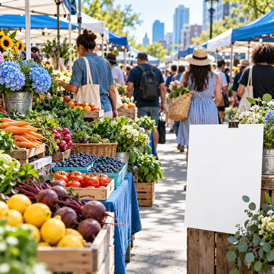 Belebter Bauernmarkt als Motiv für einen Blogtitel