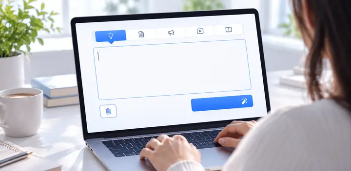 Eine Titelgenerator-Oberfläche mit Kategorie-Tabs, einem großen Textfeld und einer blauen Aktionsschaltfläche