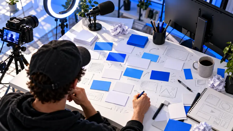 Visual illustrating video-title keywords and an early drafting stage